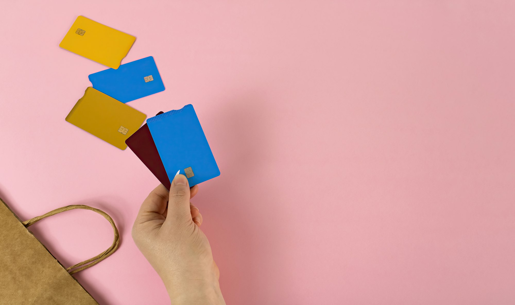 High angle shot of payment cards with copy space